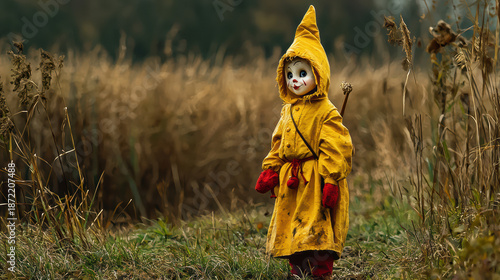An eerie figure with a mask and yellow cloak stands in a field of tall grass, evoking a sense of mystery, folklore, and unsettling childhood fantasy at Halloween.