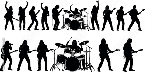 Rock Band Silhouette Vector Set Featuring Electric Guitarists Bass Players Drummers and Singers Performing Live Music on Stage for Creative Design