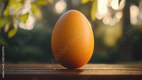 A single brown egg stands on a rustic wooden surface bathed in the warm glow of the sun with a blurred natural green background creating a serene ambiance.