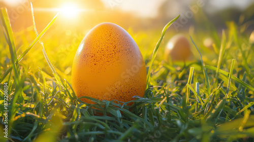 An orange colored easter egg speckled with black dots sits led in bright green grass under a warm, shining sun casting a festive and joyful feeling now.