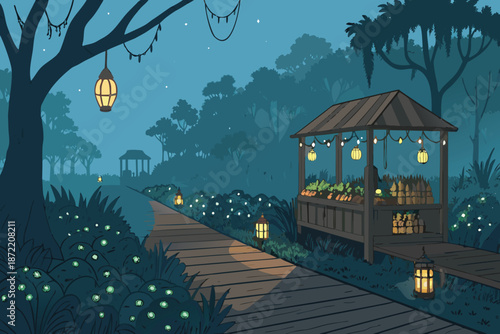 Bioluminescent Swamp Boardwalk Night Market Reali