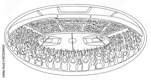 Continuous line drawing of a basketball stadium arena with cheering crowd in fisheye perspective