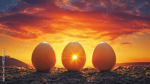 Three speckled eggs are displayed on a ground surface at sunset, with the sun appea to shine through a hole in the center egg, creating a magical scene.