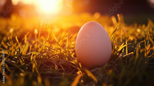 A single egg sits led in green grass, illuminated by a warm golden sunlight, creating a serene and natural scene du a beautiful sp sunrise.