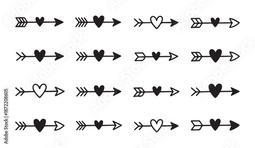 Diverse collection of cupid arrows and decorative heart dividers black filled hearts for romantic wedding invitations and borders