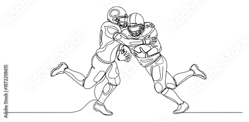 Continuous line drawing of american football players in action during a game