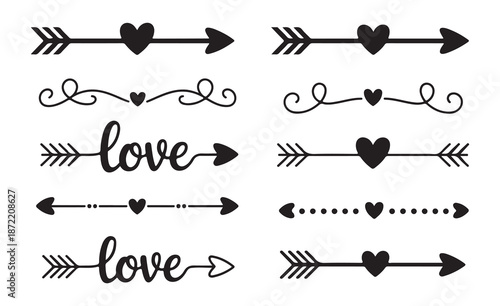 Set of decorative flourish dividers cupid arrows dashed line borders and elegant text elements including the word love
