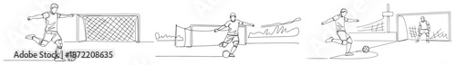 Continuous line drawing set of soccer players kicking ball towards goal