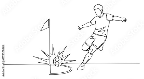 Continuous line drawing of soccer player kicking ball near corner flag