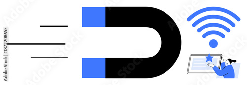 Marketing, digital engagement, connectivity, customer retention, social media, user experience. Magnet attracting digital elements with a wireless symbol and tablet user. Marketing and digital