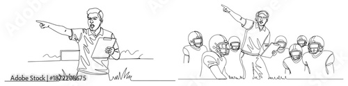 Continuous line drawing of american football coach instructing team players