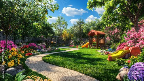 A picturesque backyard garden is bathed in sunlight with a winding stone path, lush green lawn, vibrant flowers, and a playful playground area for children.