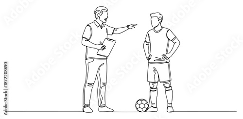 Continuous line drawing of a soccer coach giving instructions to a player during training session
