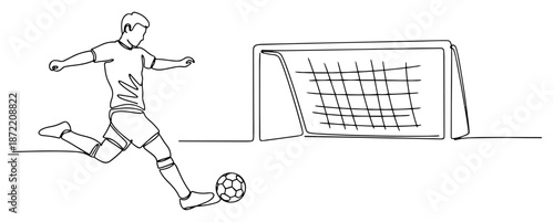 Continuous line drawing of a soccer player kicking the ball into the goal
