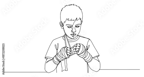 Continuous line drawing of a young boy wrapping his hands for boxing