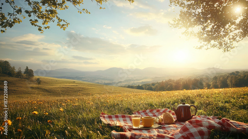 A tranquil picnic scene unfolds with a red checkered blanket amidst a blossoming meadow and sunlit mountains at dawn, offe an idyllic moment of serenity.