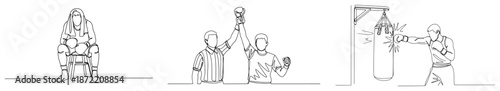 Continuous line drawing set of boxer resting winning fight and training with bag