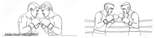 Set of continuous line drawings showing boxers facing off and fighting in the ring