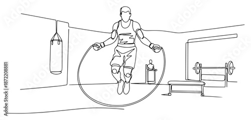 Continuous line drawing of boxer jumping rope in gym with fisheye perspective