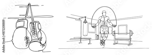 Continuous line drawing of hanging boxing gloves and boxer jumping rope in gym