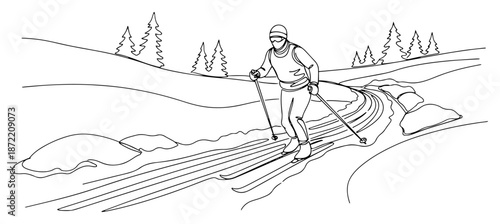 Continuous line drawing of a cross country skier moving through snowy winter landscape