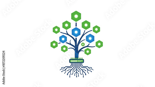 digital technology tree with circuit board roots and hexagon data nodes represents secure network growth innovation and scalable digital infrastructure.