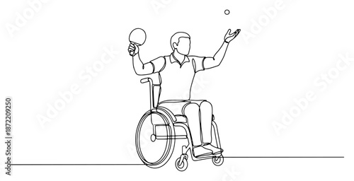 Continuous line drawing of a paralympic table tennis player serving in a wheelchair