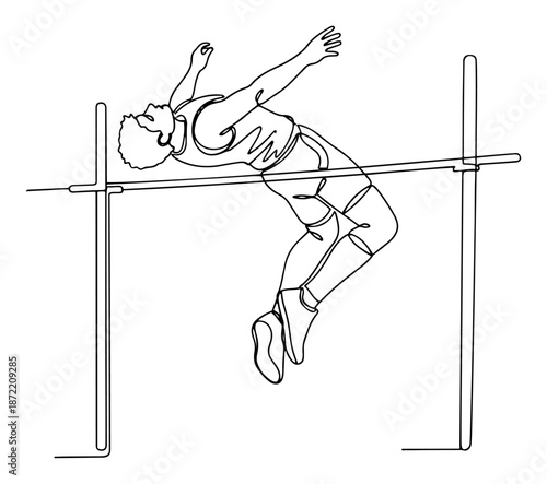 Continuous line drawing of a high jump athlete clearing the bar