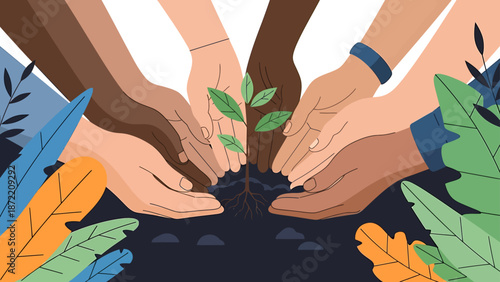 diverse hands planting a small green sprout in dark soil representing collaboration and environmental sustainability for global initiatives.