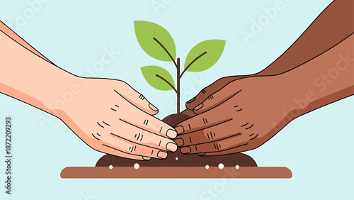 diverse hands planting a small green sprout in rich soil representing environmental sustainability collaborative growth and earth day.