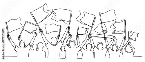 Continuous line drawing of enthusiastic football fans waving large flags to support their team