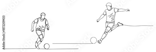 Continuous line drawing set of soccer players dribbling and kicking the ball in action