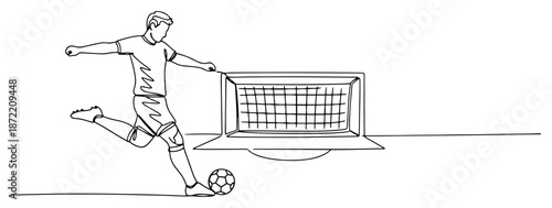 Continuous line drawing of a soccer player shooting the ball into the goal