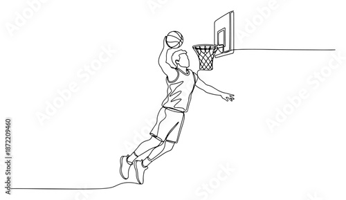 Continuous line drawing of a basketball player dunking the ball into the hoop