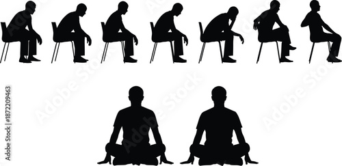 Set of sitting man silhouettes black icons isolated on white background meditation yoga posture mental health wellness relaxation therapy exercise