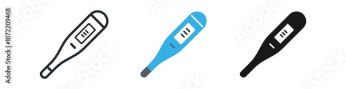Set of stylized digital thermometers in three colors: black, blue, and gray.