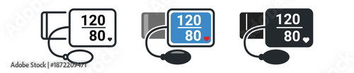 A set of three blood pressure monitor icons in different styles, showcasing measurements of 120/80 mmHg, symbolizing health.