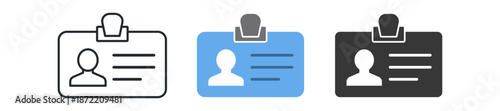 A collection of simple ID card icons in different styles: outline, filled blue, and filled black.