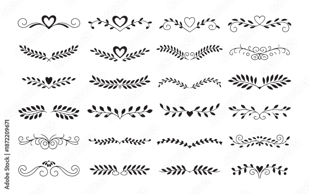 Obraz premium Diverse collection of black and white floral and heart borders, various styles of elegant text dividers and decor