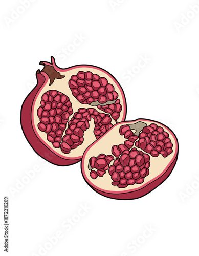 Isolated cut pomegranate illustration with vibrant red arils and seeds