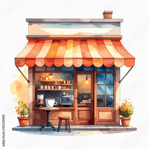 Watercolor illustration of a cozy cafe shopfront with striped awning and interior details on white background