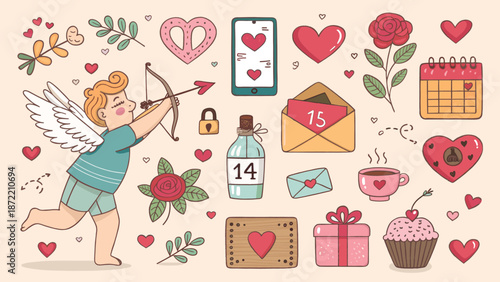 Whimsical Valentine’s Cupid Illustration with Hearts, Gifts, Calendar, Coffee, Roses, Mobile Icons, Envelope, Padlock, and Romantic Symbols