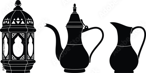 Arabic lantern and traditional coffee pot silhouette set symbolizing Ramadan hospitality Islamic culture iftar celebration and Middle Eastern heritage design