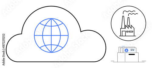 Cloud technology. A globe inside a cloud global data and connectivity. Icons illustrate industrial manufacturing and digital CV storage in cloud technology. For industries, HR, digital storage