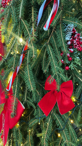 Green Christmas tree with Christmas, New Years decor: red bows, Candy Cane, Christmas lollipop in the shape of a white and red cane and Christmas lights.