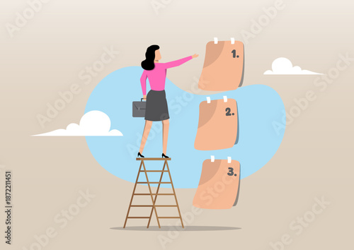 Businesswoman Prioritizing Tasks on a Ladder
