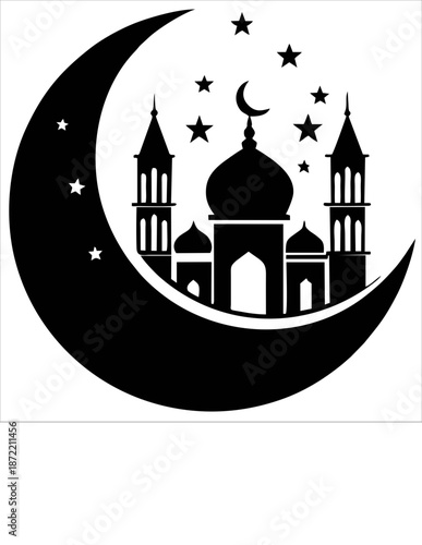 Elegant black silhouette illustration of a mosque with domes and minarets placed inside a crescent moon and surrounded by stars. This minimalist Islamic design represents Ramadan, Eid Mubarak, and spi