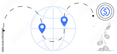 International banking, financial transactions, currency transfer, payment systems, global economy, and remittance. Globe with location markers and falling coins icon. International banking