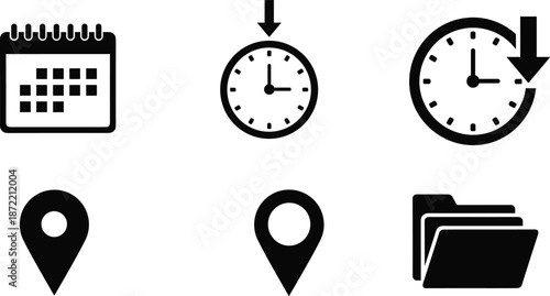 Minimal black user interface icon set featuring calendar time location and folder symbols for web app navigation design