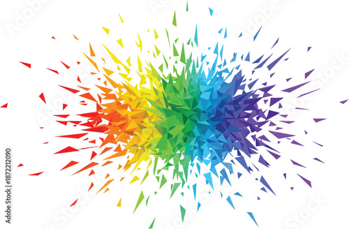 Vibrant rainbow colored particles exploding in a circular motion on a white background
